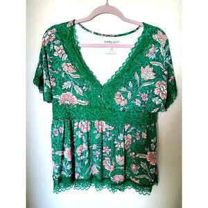 Torrid Super Soft Knit Emerald Green Deep V-Neck Short Sleeve Floral Top 00 M/L
